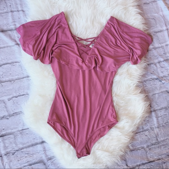 Soulmates Tops - Soulmates Pink Bodysuit with Flutter Sleeves